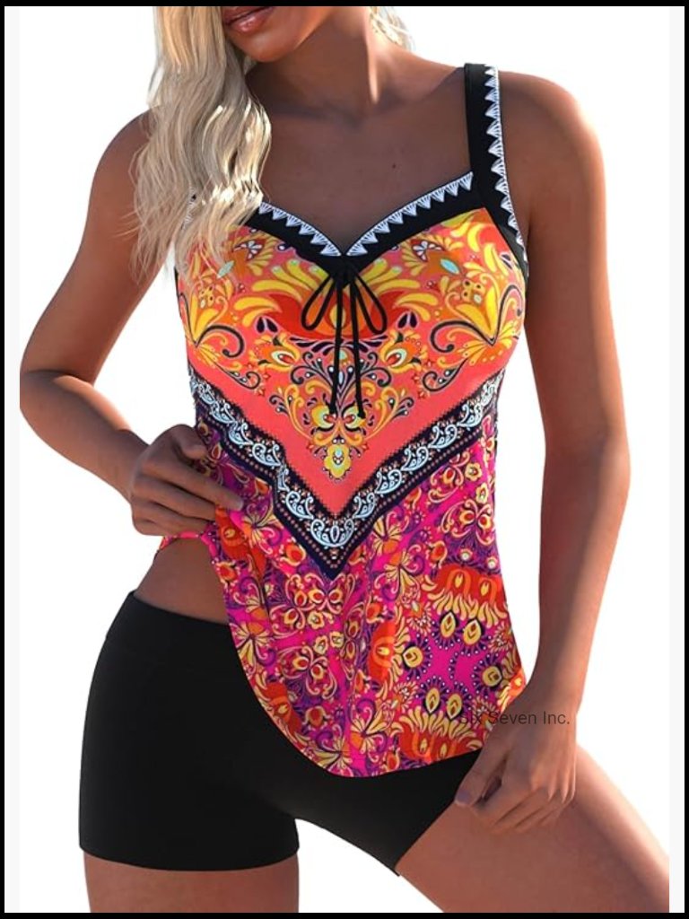 Tribal Print Tankini Set With Boy Shorts, Sweetheart Neck, Adjustable Straps